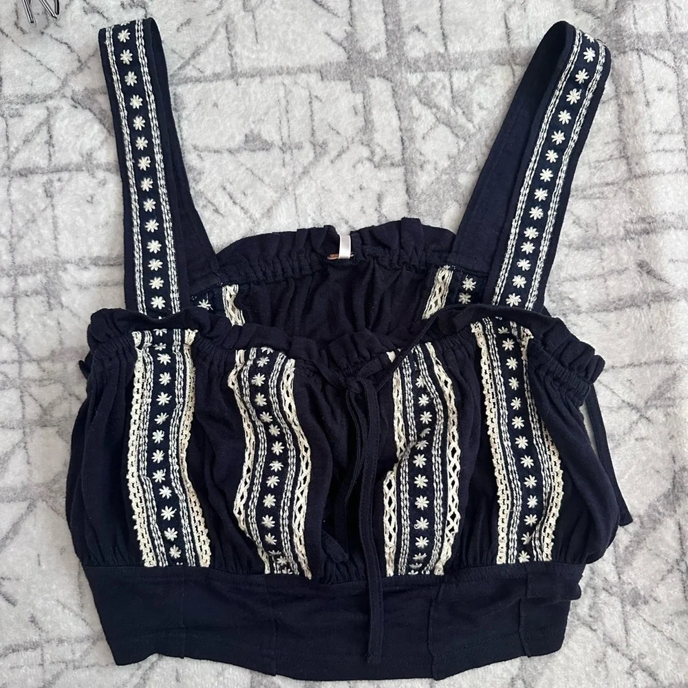 Free People Hill Top Crop Tank Navy Combo Boho Knit Cropped Top NWT - Picture 4 of 5
